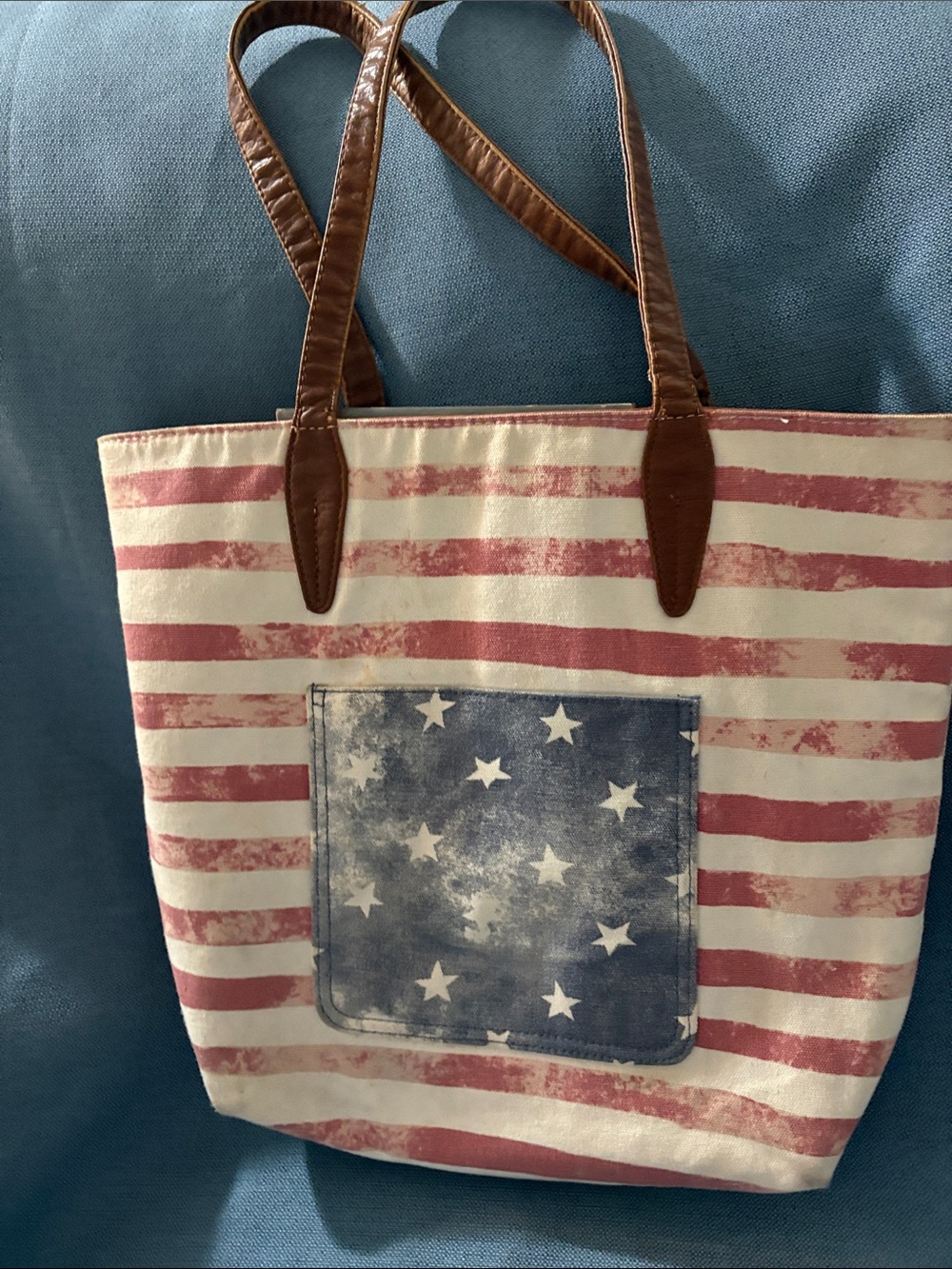 Just USA Patriotic Striped Canvas Tote with Star Pocket and Brown Handles